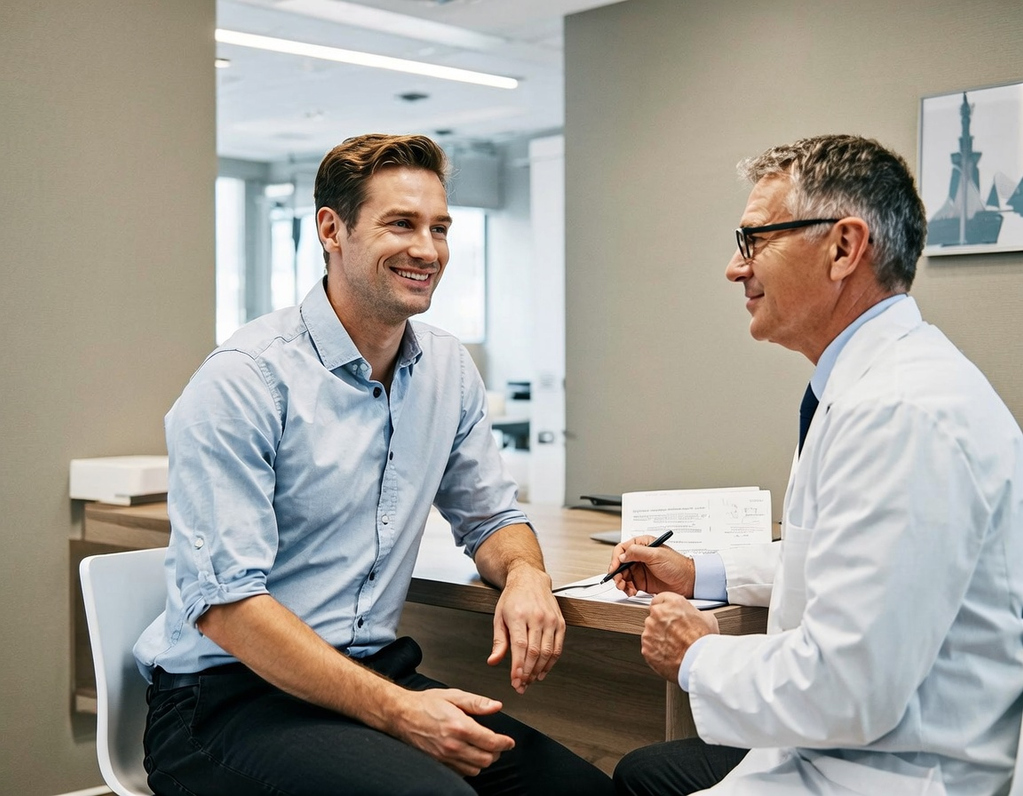 Younger man discussing ED concerns with a doctor in Calgary ED assessment and treatment options for men in their 30s Men’s sexual health consultation at Precision Sexual Health Clinic Calgary